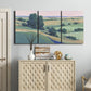 Three-panel canvas wall art featuring pastoral countryside with rocky outcrop, displayed above a cabinet in an entryway.