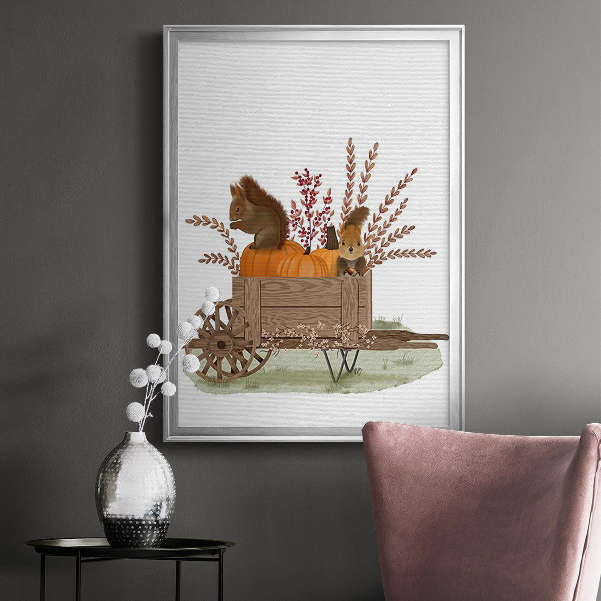 Squirrels In Pumpkin Wheelbarrow - Modern Framed Canvas Print