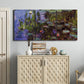 Three-panel canvas wall art featuring water lilies on calm pond, displayed above a cabinet in an entryway.