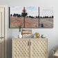 Three-panel canvas wall art featuring poppy field stretching across meadow, displayed above a cabinet in an entryway.
