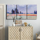 Three-panel canvas wall art featuring flowering field with poppies, displayed above a cabinet in an entryway.