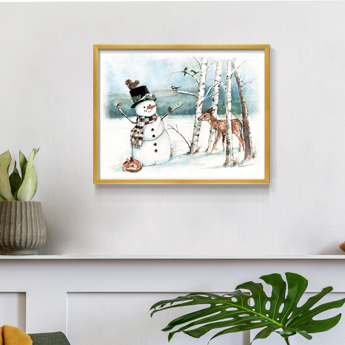 42975,snowman,deer,winter,forest,snowy landscape,birds,birch trees,scarf,top hat,wildlife,nature,frost,season,serene,animal,frosty,woodlands,frozen,cold,playful,outdoors,charming,magical,landscape art,whimsical,fauna,friendly,wildlife observation,tranquility,country scene,illustration,snowflakes,seasonal,heritage,woodland creatures,holiday,scenic,peaceful,natural beauty,art,Re-stickable,Landscape & Nature