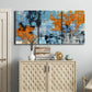 Three-panel canvas wall art featuring mid century abstract playground shapes, displayed above a cabinet in an entryway.