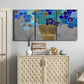Three-panel canvas wall art featuring blue floral abstract botanical expression, displayed above a cabinet in an entryway.