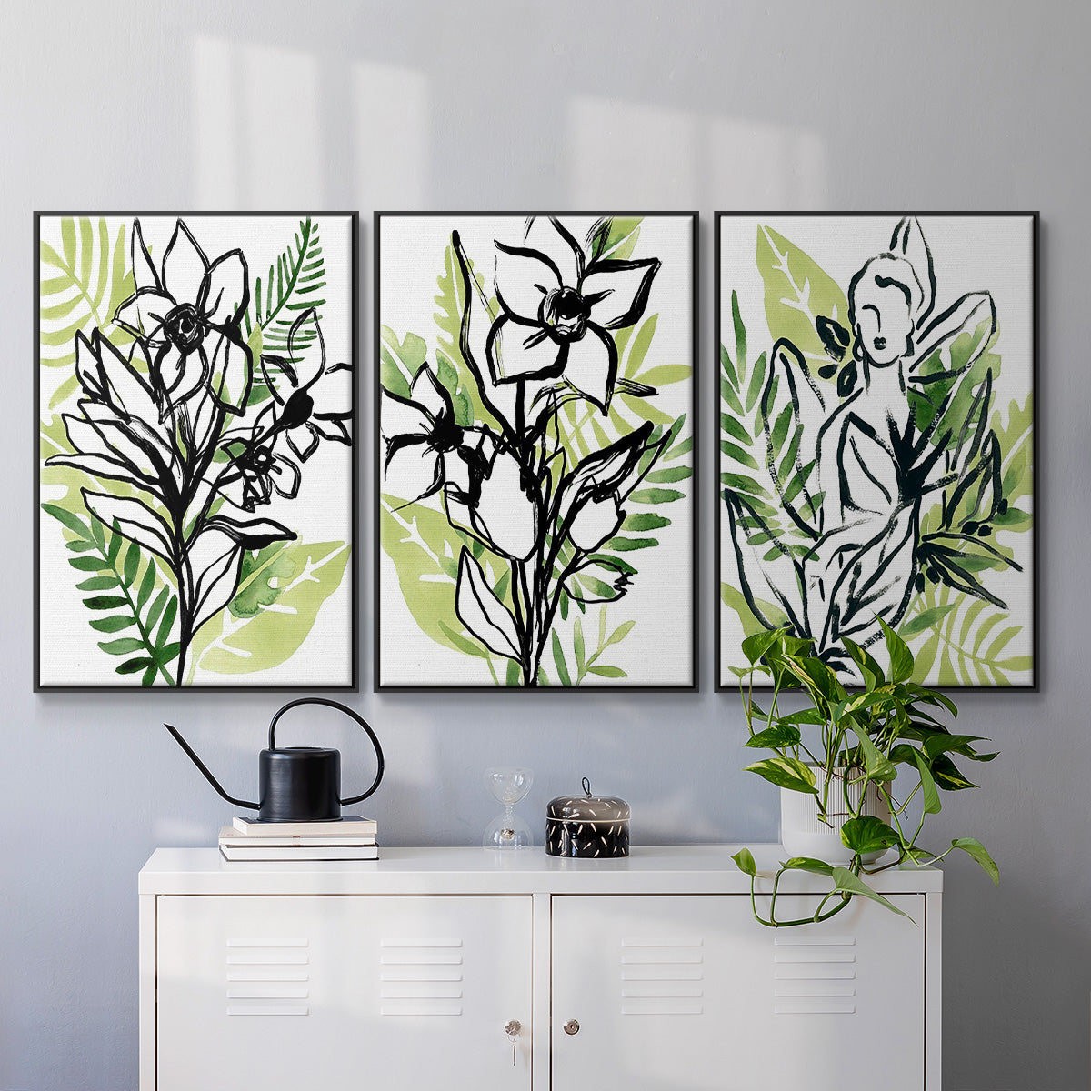 Tropical Sketchbook I - Framed Premium Gallery Wrapped Canvas L Frame 3 Piece Set - Ready to Hang