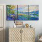 Three-panel canvas wall art featuring cheerful landscape under open sky, displayed above a cabinet in an entryway.