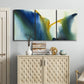 Three-panel canvas wall art featuring soft abstract mask like forms, displayed above a cabinet in an entryway.