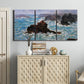 Three-panel canvas wall art featuring storm waves battering rocky coast, displayed above a cabinet in an entryway.