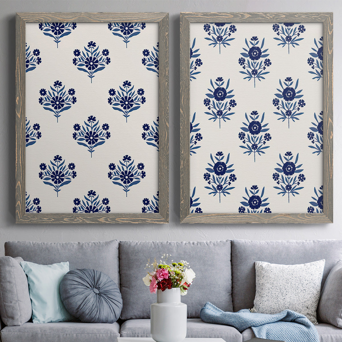 Indigo Bloom Pattern I - Premium Framed Canvas 2 Piece Set - Ready to Hang