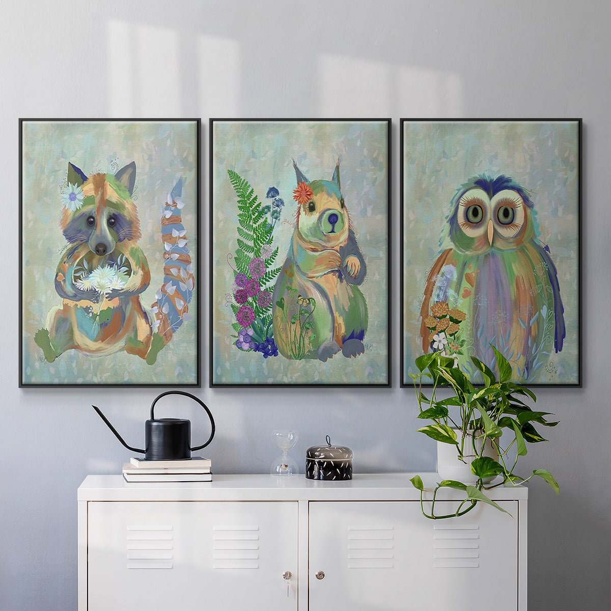 Fantastic Florals Owl - Framed Premium Gallery Wrapped Canvas L Frame 3 Piece Set - Ready to Hang