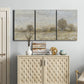 Three-panel canvas wall art featuring late season rural harvest fields, displayed above a cabinet in an entryway.