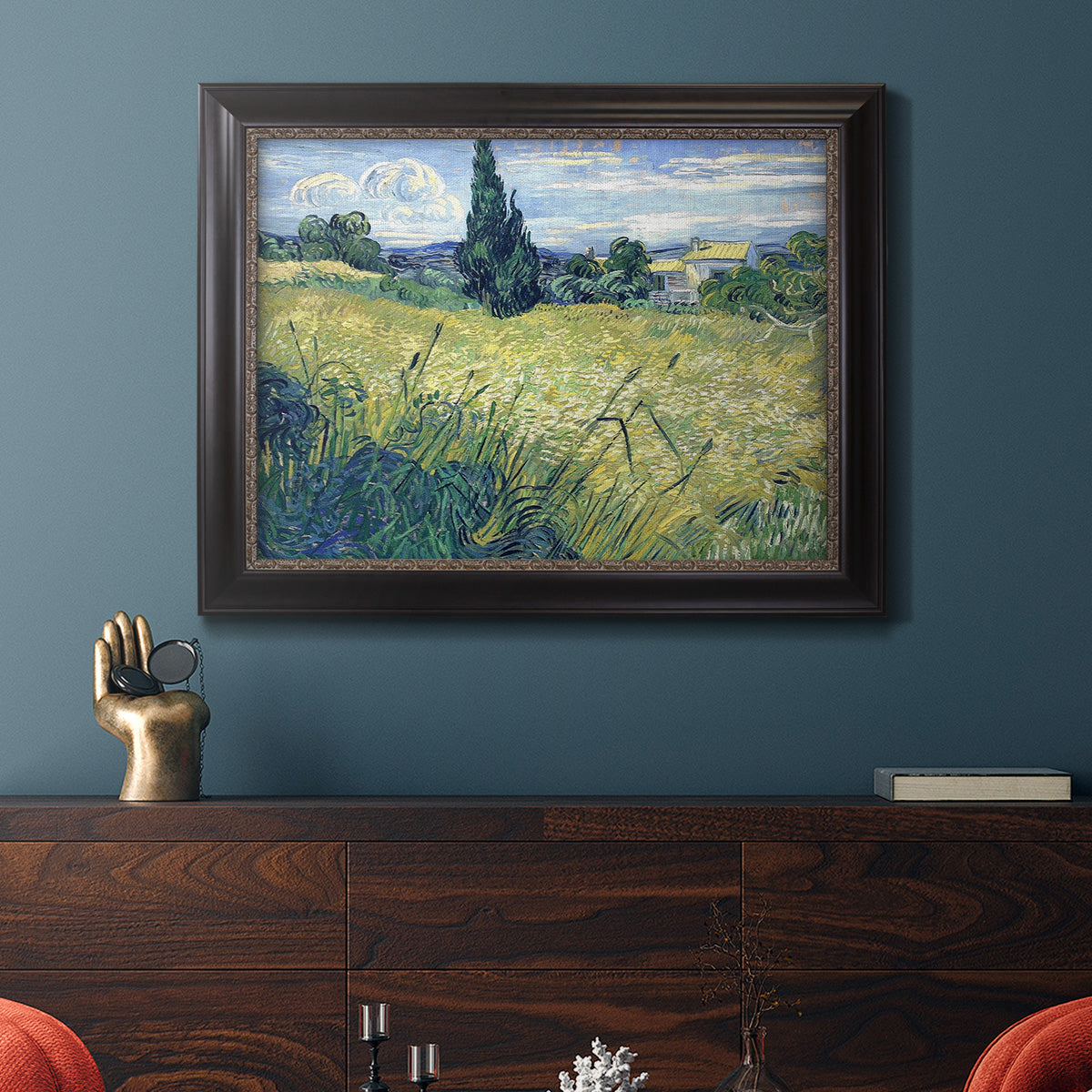 Green Wheat Field with Cypress - Ornate Framed Canvas Print
