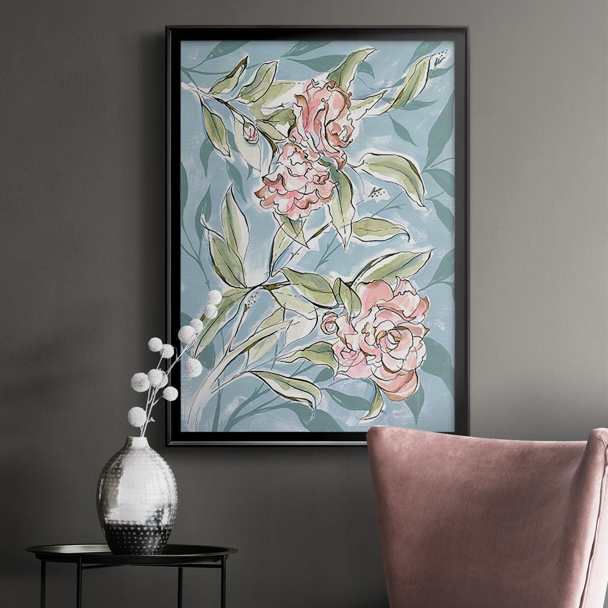 Faded Camellias I - Modern Framed Canvas Print