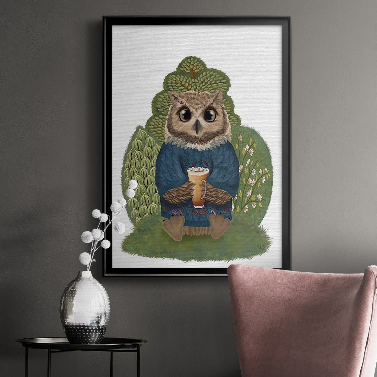 Latte Owl in Sweater - Modern Framed Canvas Print