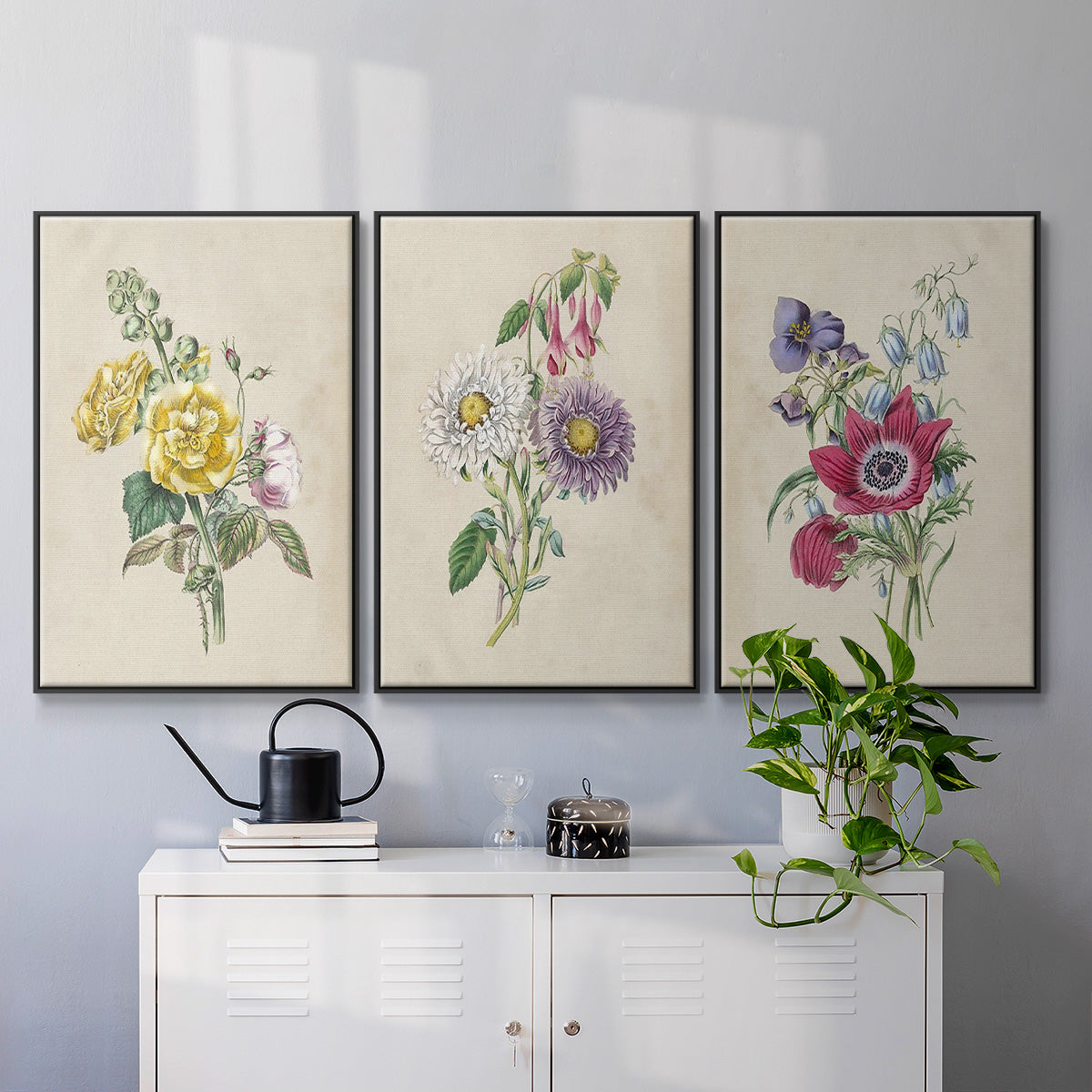 Antique Garden Bouquet I - Framed Premium Gallery Wrapped Canvas L Frame 3 Piece Set - Ready to Hang