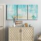 Three-panel canvas wall art featuring saturated abstract color fields, displayed above a cabinet in an entryway.