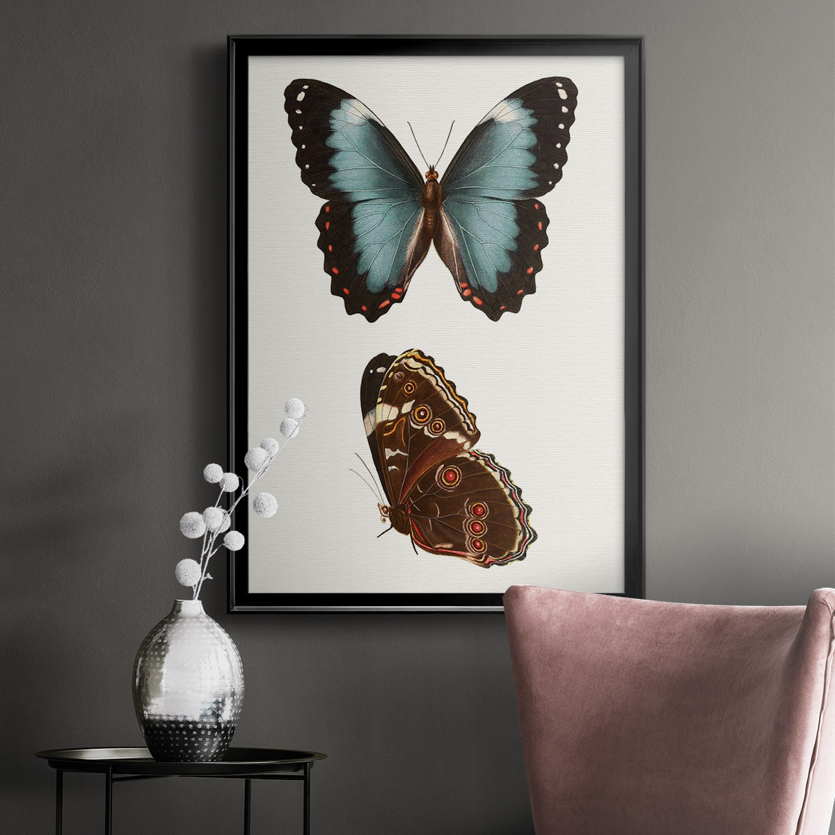 Antique Blue Butterflies IV - Modern Framed Canvas Print