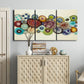 Three-panel canvas wall art featuring mid century geometric red pathway, displayed above a cabinet in an entryway.