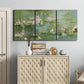 Three-panel canvas wall art featuring soft green water lilies, displayed above a cabinet in an entryway.