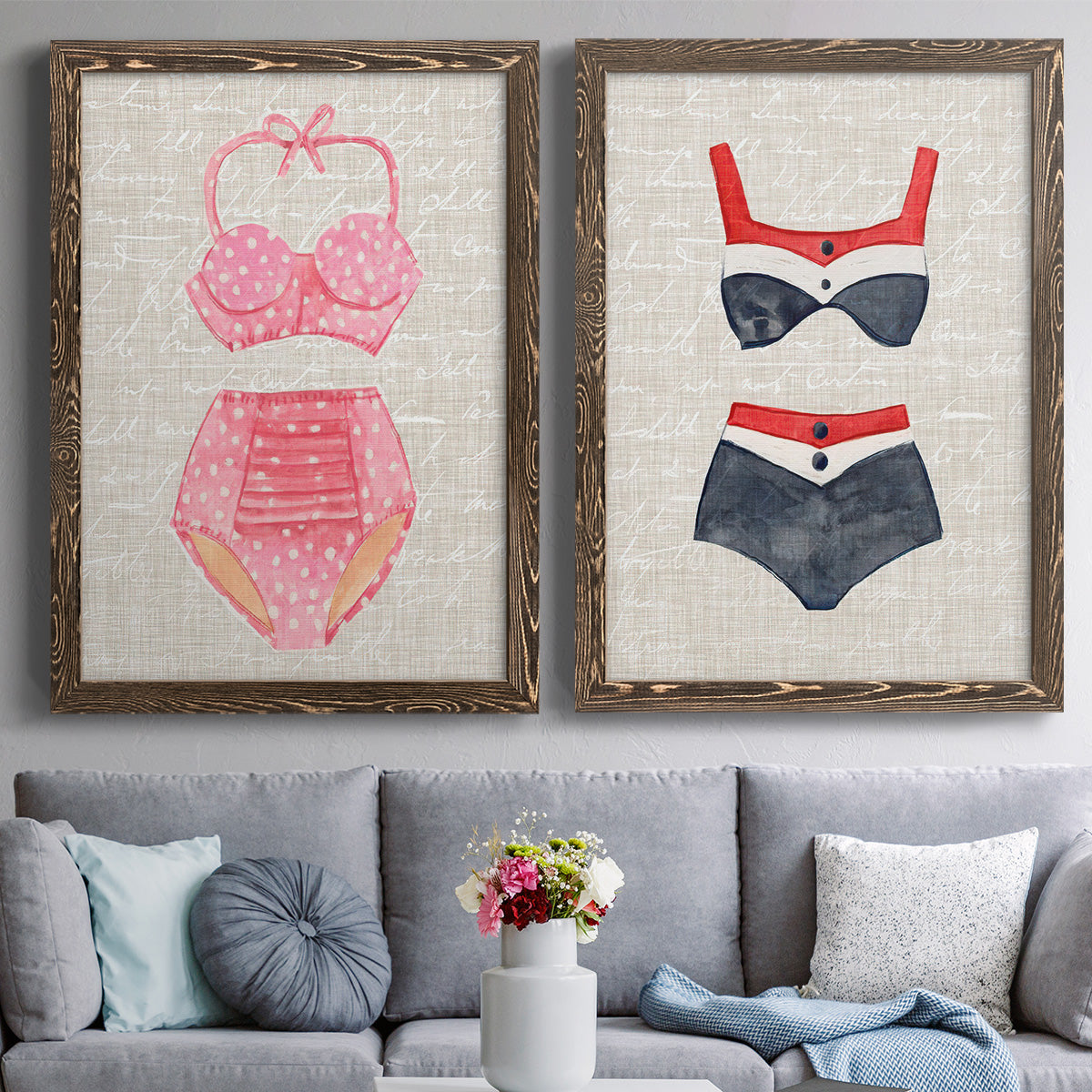 Vintage Swimming I - Premium Framed Canvas 2 Piece Set - Ready to Hang