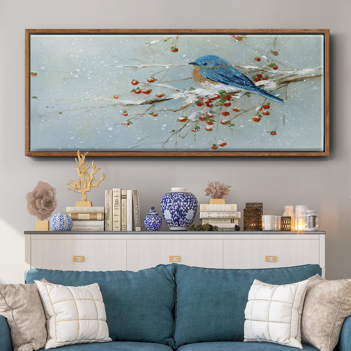 Blue Bird in Winter - Floater Framed Canvas Print