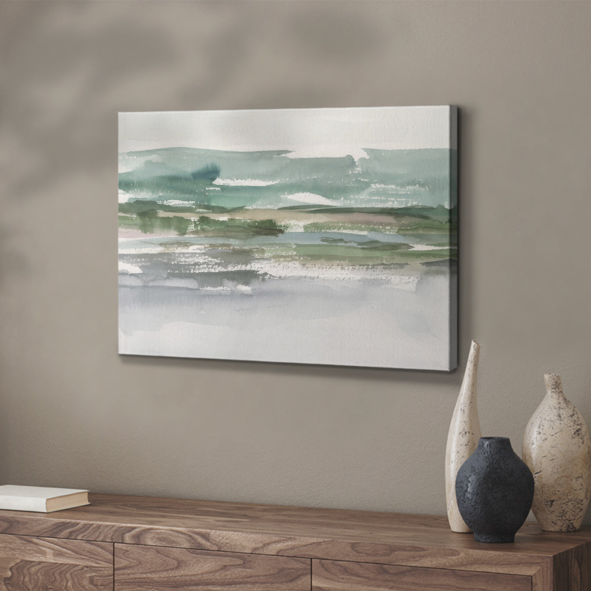 Abstract landscape depicting serene water and rolling hills under soft, muted tones capturing peaceful natural beauty