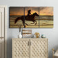Three-panel canvas wall art featuring running horse along beach photograph, displayed above a cabinet in an entryway.