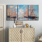 Three-panel canvas wall art featuring harbor with boats and water, displayed above a cabinet in an entryway.