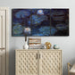 Three-panel canvas wall art featuring deep blue water lily reflections, displayed above a cabinet in an entryway.