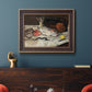 Impressionist still life painting of fish by Édouard Manet in an ornate bronzed mahogany wood frame displayed in a dark-toned interior setting.
