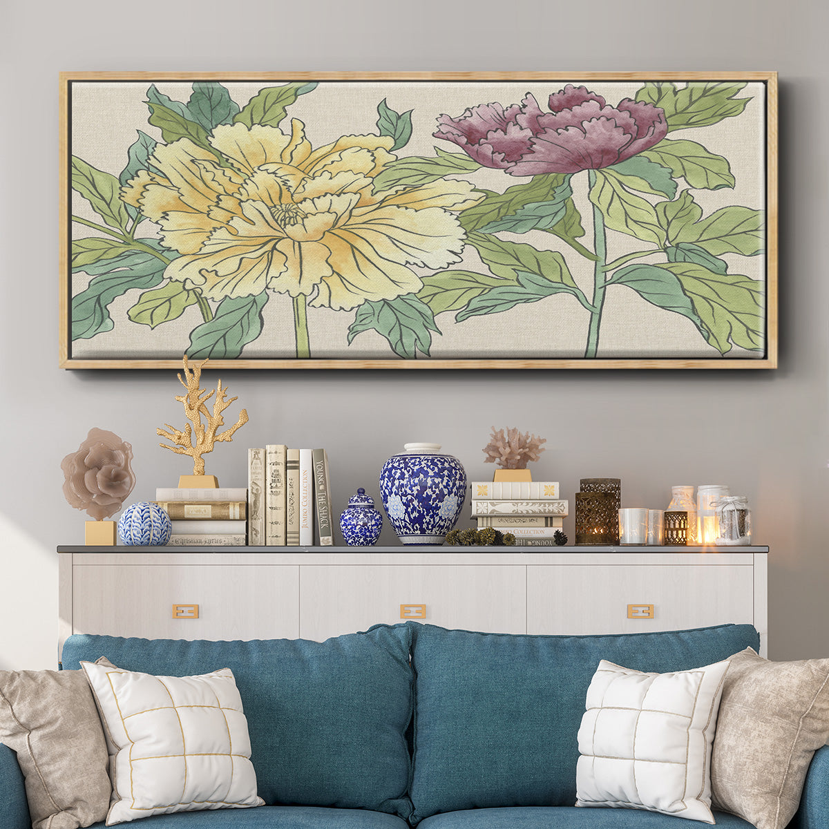 Peony Blooms II - Floater Framed Canvas Print