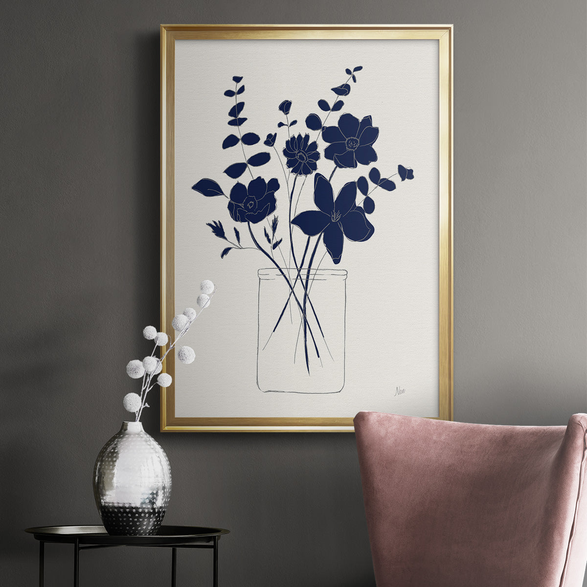 Indigo Sketch Bouquet I - Modern Framed Canvas Print