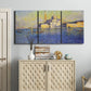 Three-panel canvas wall art featuring layered modern abstract color ribbons, displayed above a cabinet in an entryway.