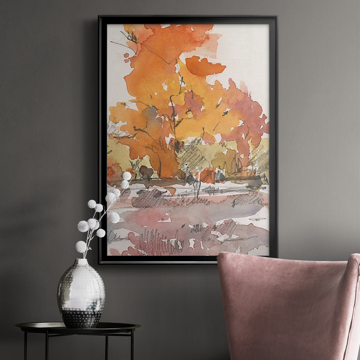 Watercolor Treeline Sketch II - Modern Framed Canvas Print