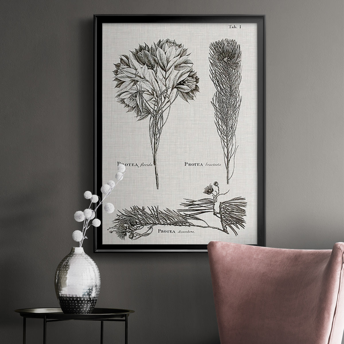 Black & White Protea on Linen I - Modern Framed Canvas Print