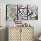 Three-panel canvas wall art featuring close up succulent photography, displayed above a cabinet in an entryway.
