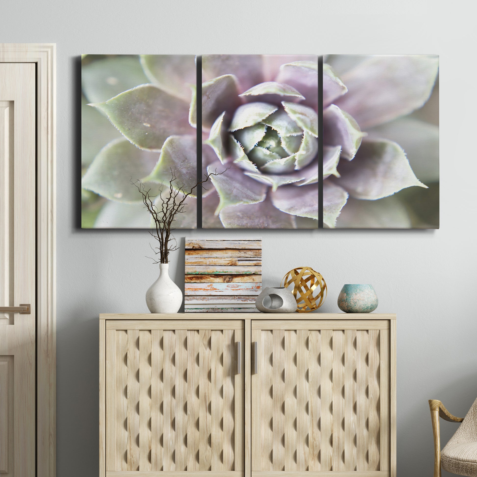 Three-panel canvas wall art featuring close up succulent photography, displayed above a cabinet in an entryway.