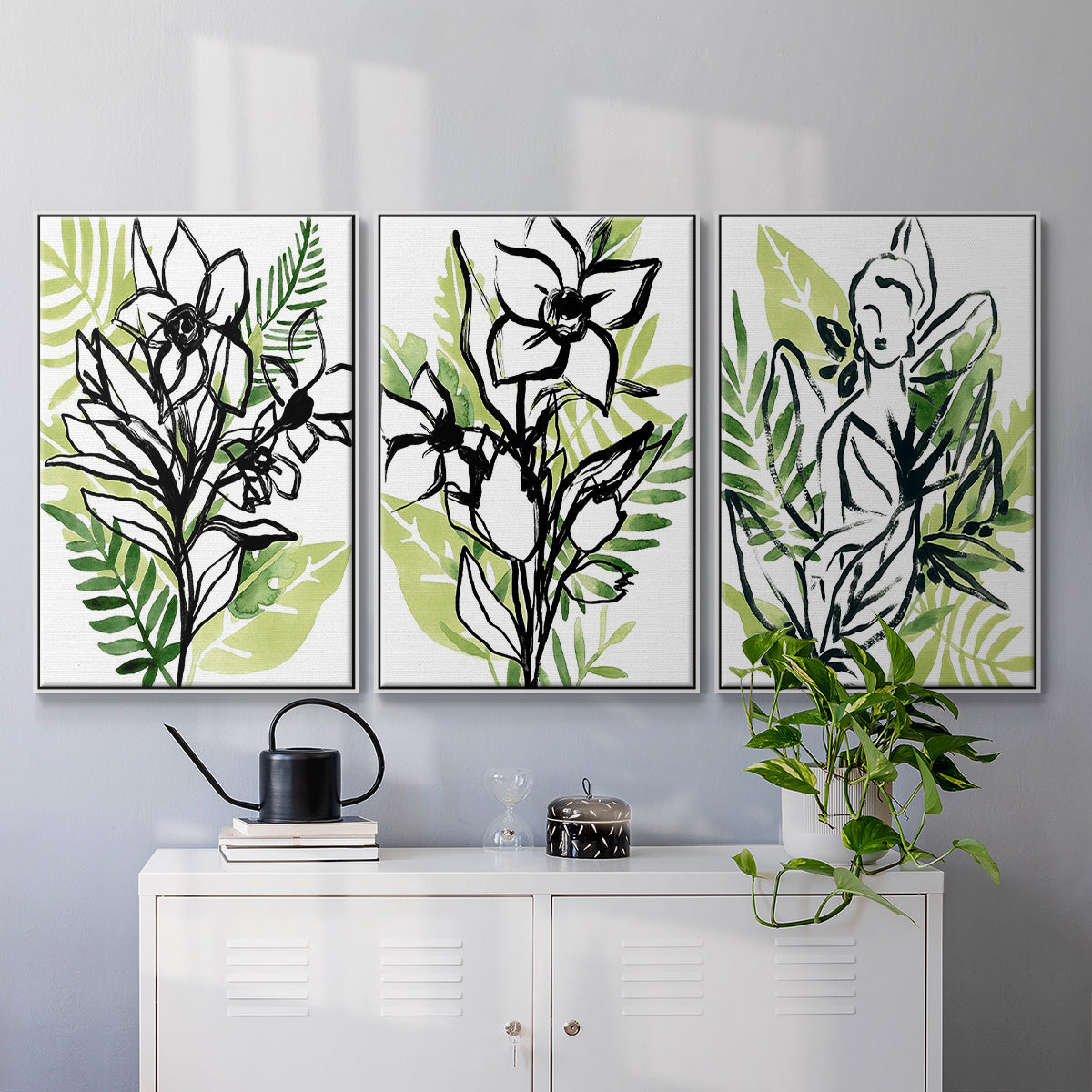 Tropical Sketchbook I - Framed Premium Gallery Wrapped Canvas L Frame 3 Piece Set - Ready to Hang