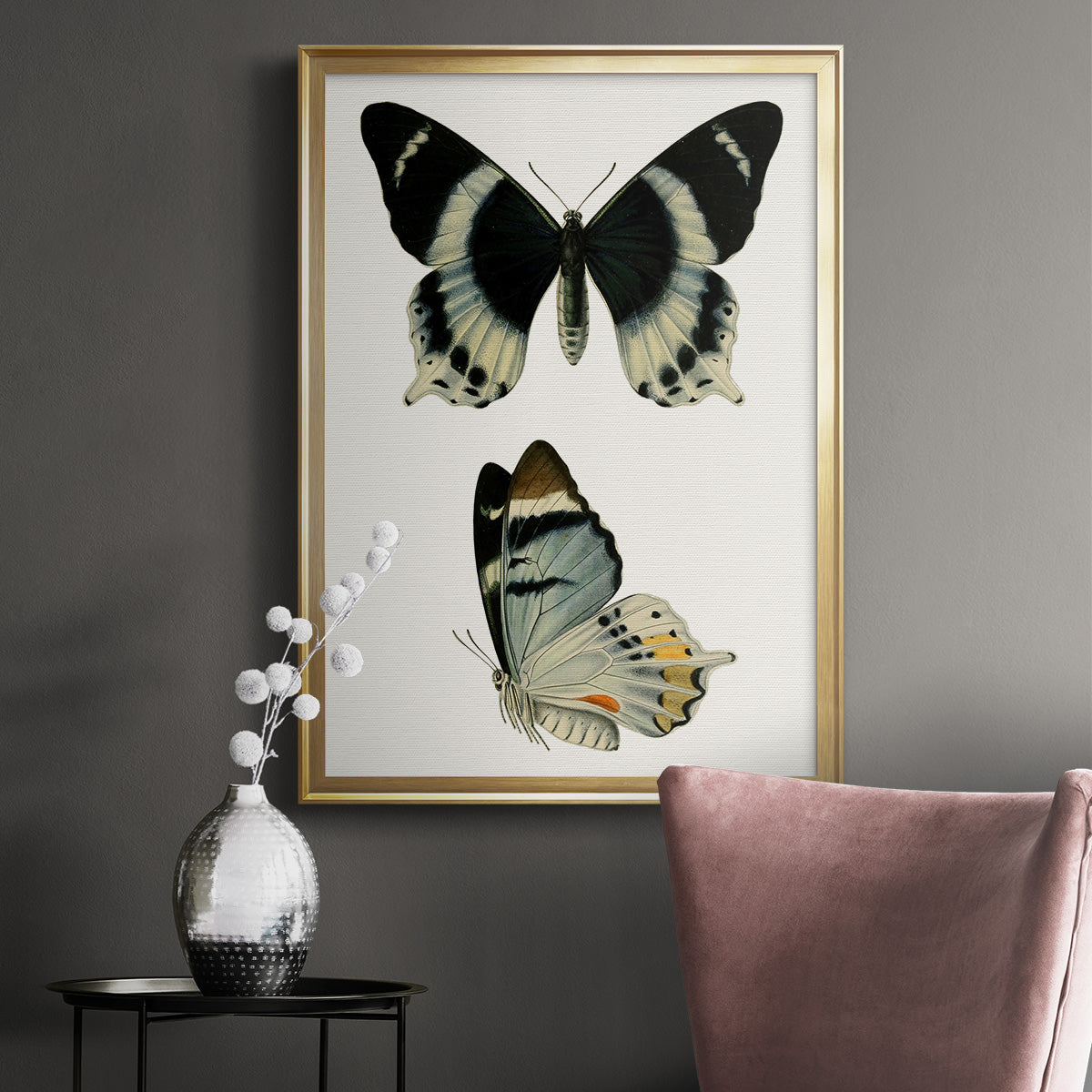 Antique Blue Butterflies I - Modern Framed Canvas Print