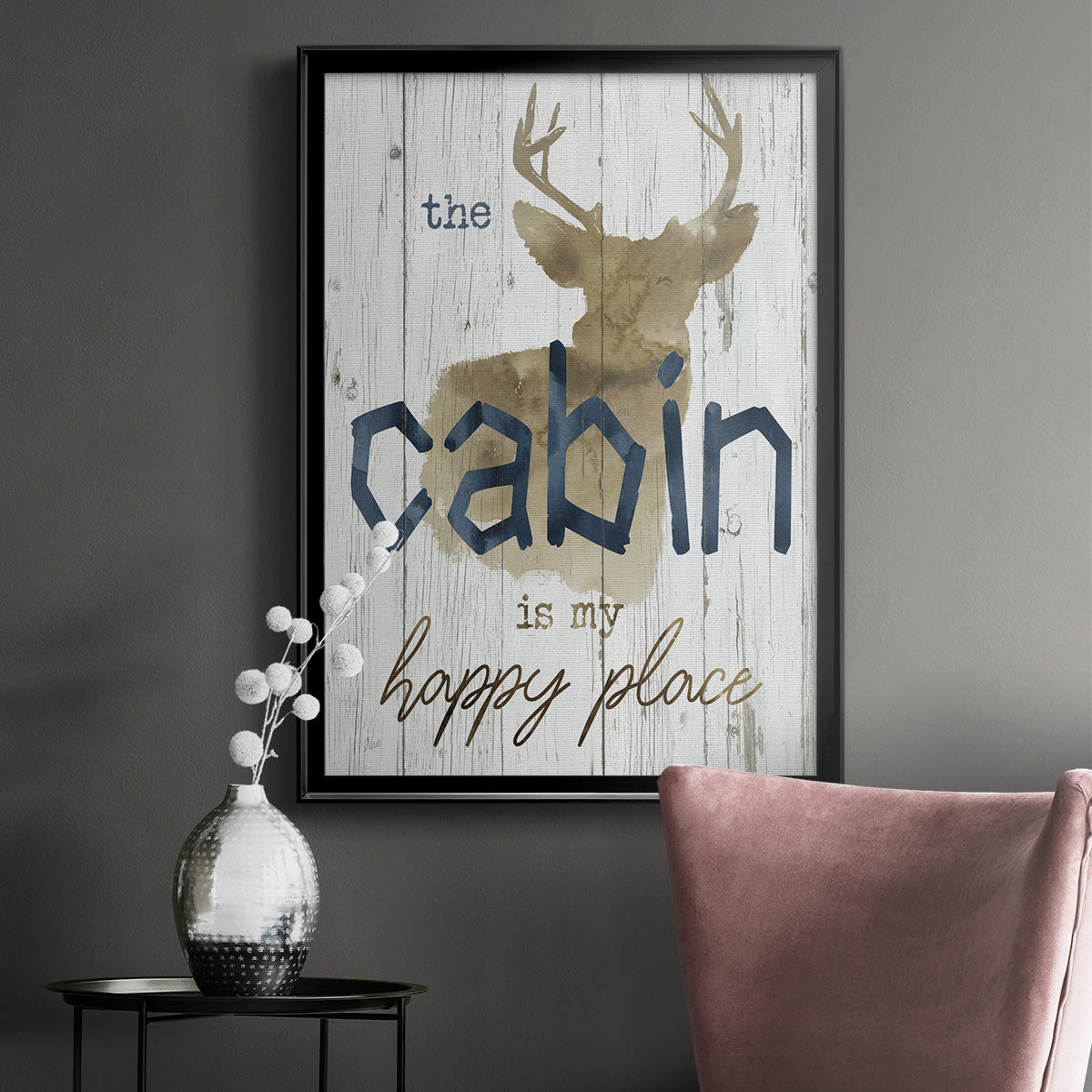 Happy Place Cabin - Modern Framed Canvas Print
