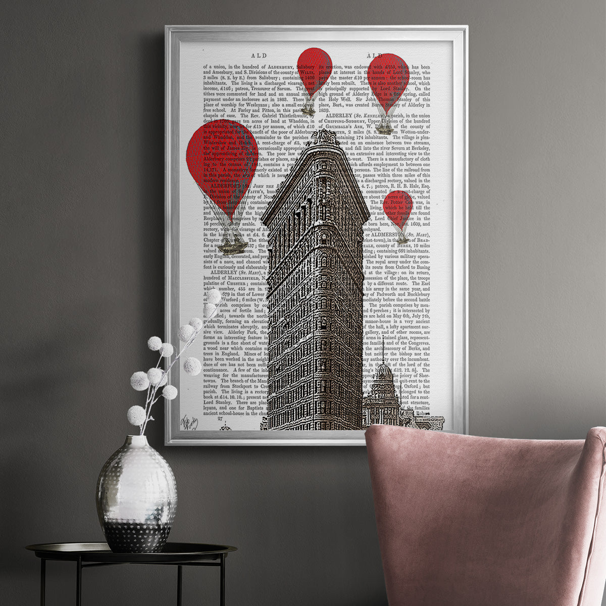 Flat Iron Building and Red Hot Air Balloons - Modern Framed Canvas Print