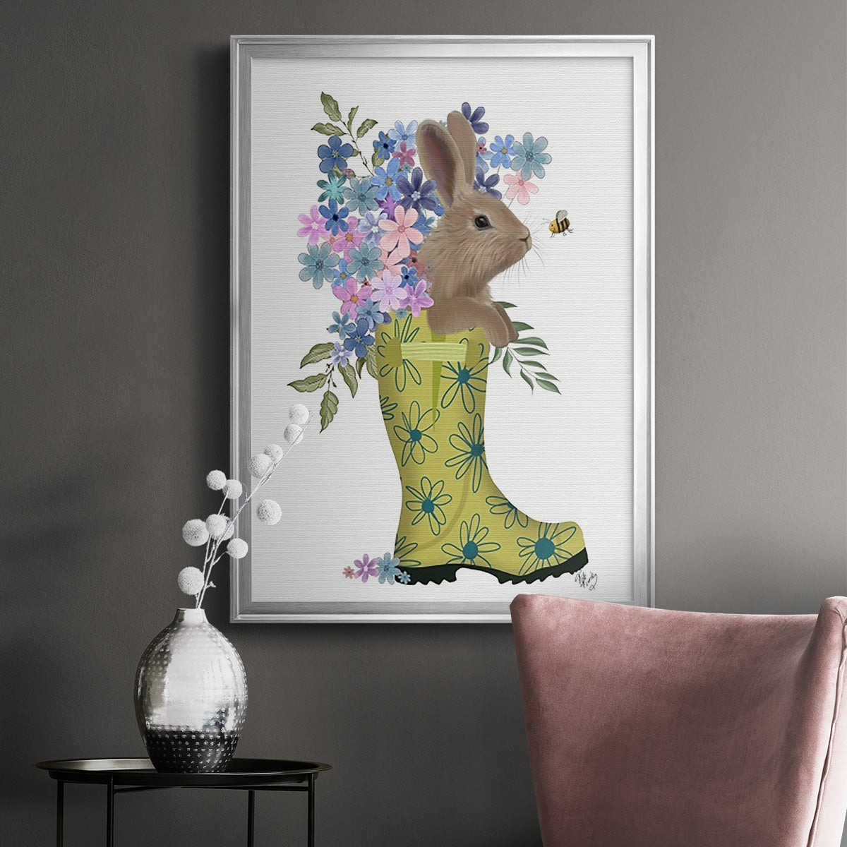 Welly Bunny And Bee - Modern Framed Canvas Print