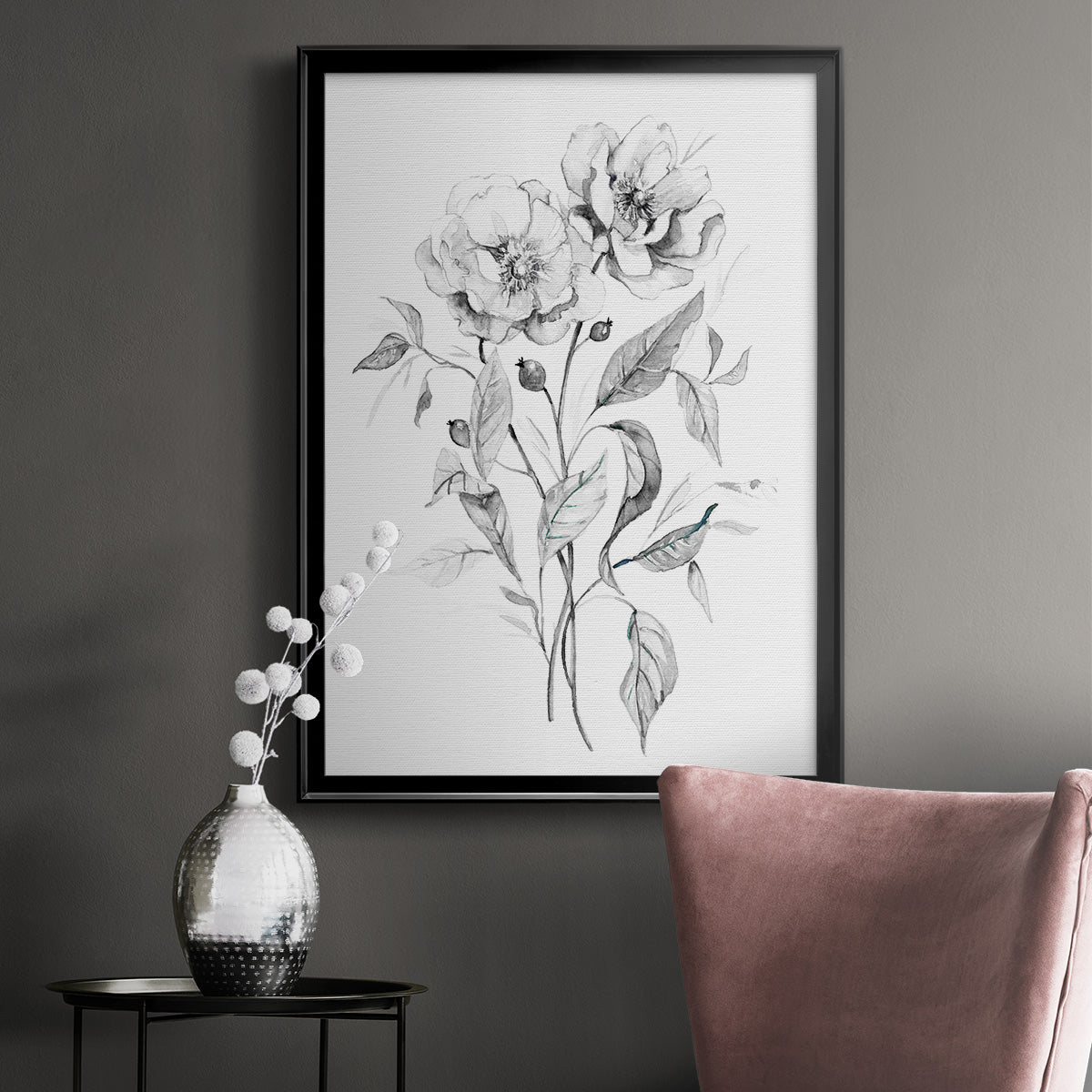 Wild Roses Sketch - Modern Framed Canvas Print