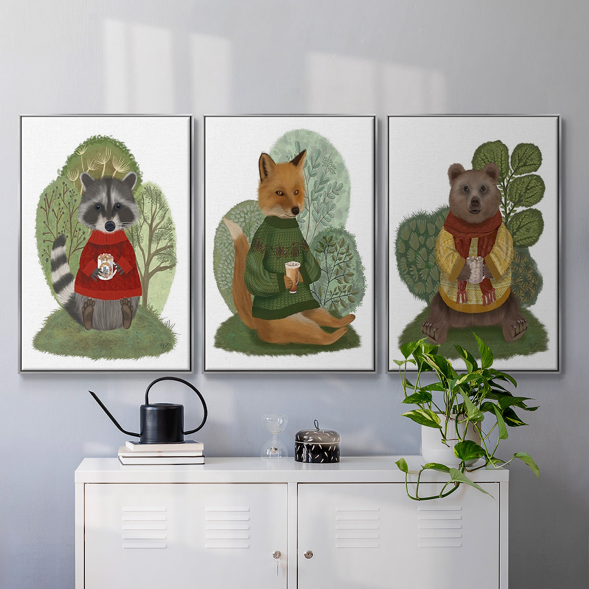 Hot Chocolate Bear - Framed Premium Gallery Wrapped Canvas L Frame 3 Piece Set - Ready to Hang