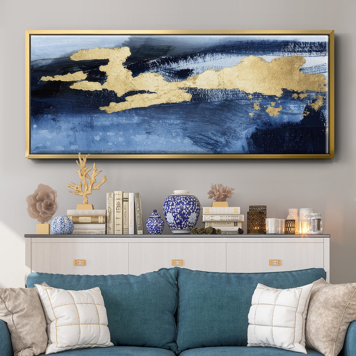 Gilded Indigo Sea I  - Floater Framed Canvas Print