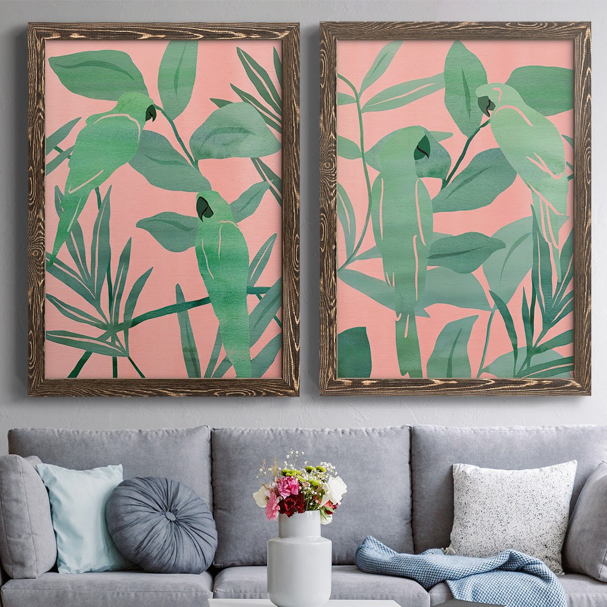 Pink and Green Birds of Paradise I - Premium Framed Canvas 2 Piece Set - Ready to Hang