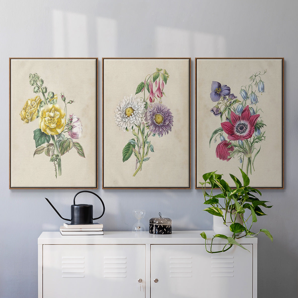 Antique Garden Bouquet I - Framed Premium Gallery Wrapped Canvas L Frame 3 Piece Set - Ready to Hang