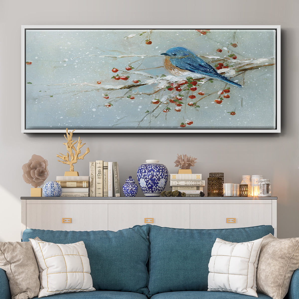 Blue Bird in Winter - Floater Framed Canvas Print