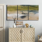 Three-panel canvas wall art featuring minimal abstract water reflections, displayed above a cabinet in an entryway.