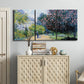Three-panel canvas wall art featuring formal city park with trees, displayed above a cabinet in an entryway.